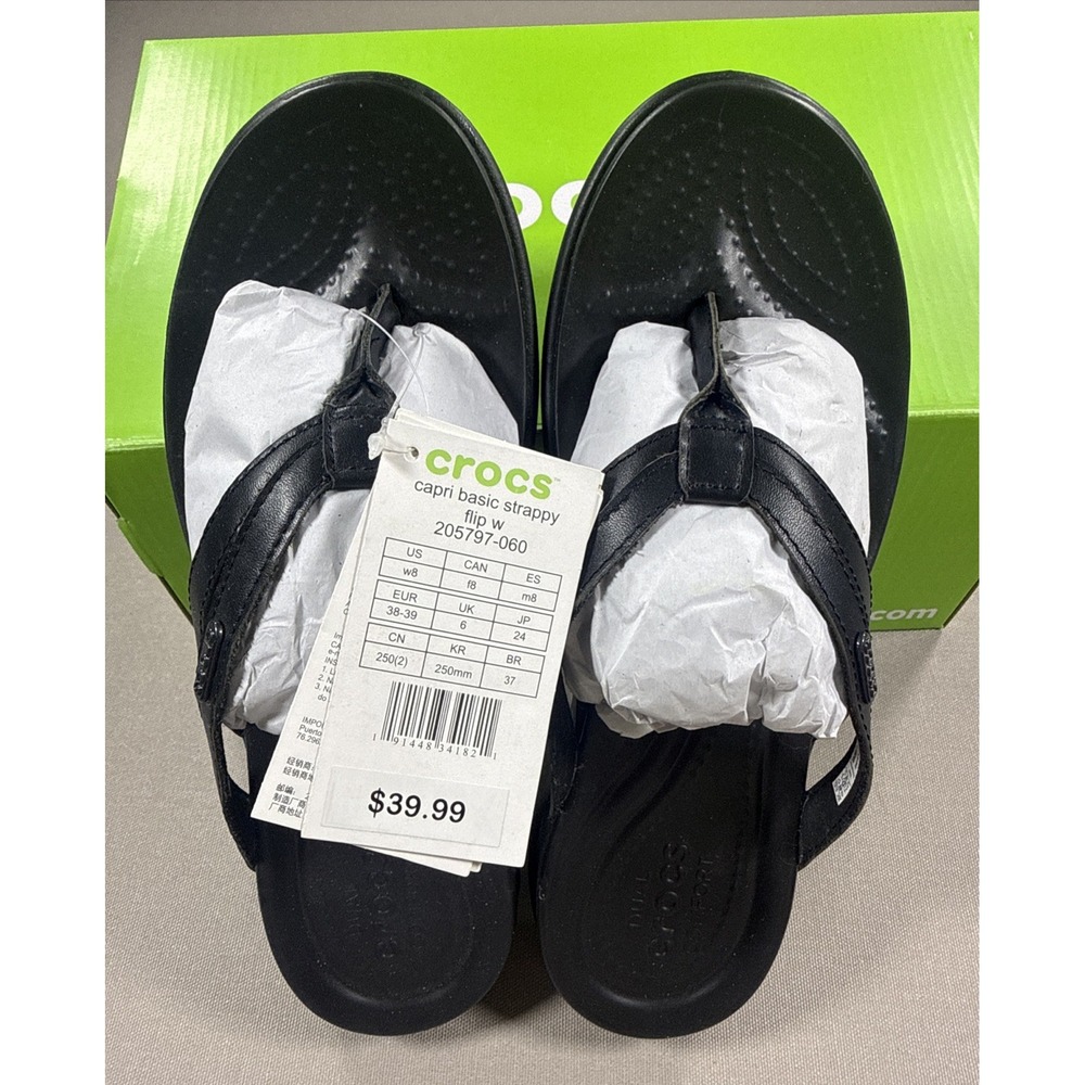 Crocs Flip Flop Women's 8 Black Sandals Capri Basic Strappy 205797-060 NWT Box